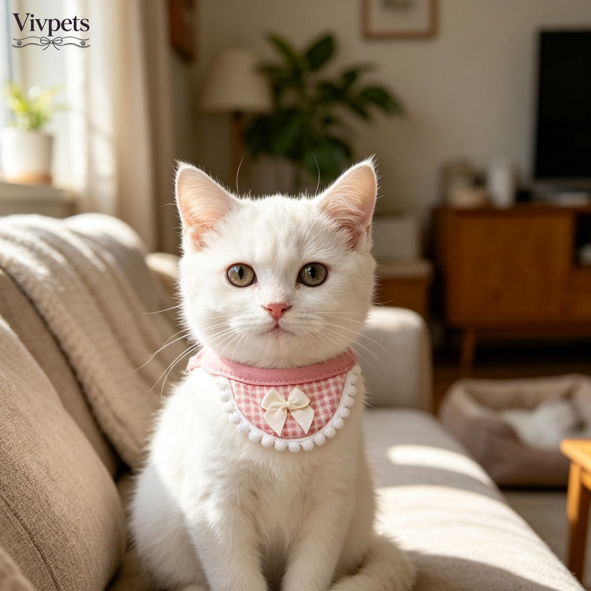 Bow Pom-Pom Pet Bandana Bib – Cute Checkered for Cats, Dogs and Small Pets