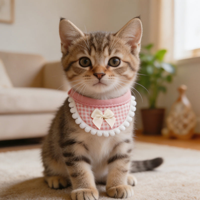 Bow Pom-Pom Pet Bandana Bib – Cute Checkered for Cats, Dogs and Small Pets