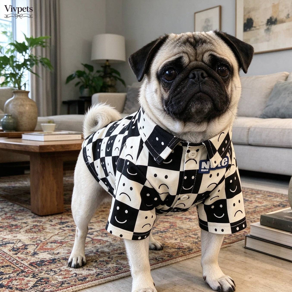 Smiley Face Plaid Pet Shirt – Casual Button-Up Dog Clothing for Everyday Wear