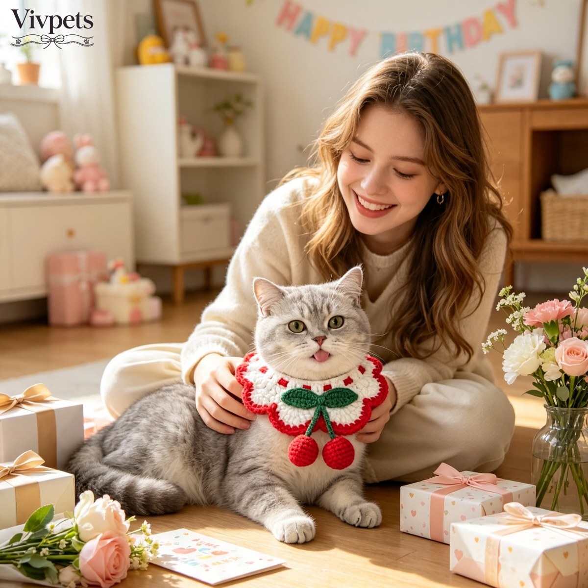 Strawberry and Cherry Knit Pet Bib Collar – Cute Cat & Small Dog Neck Accessory