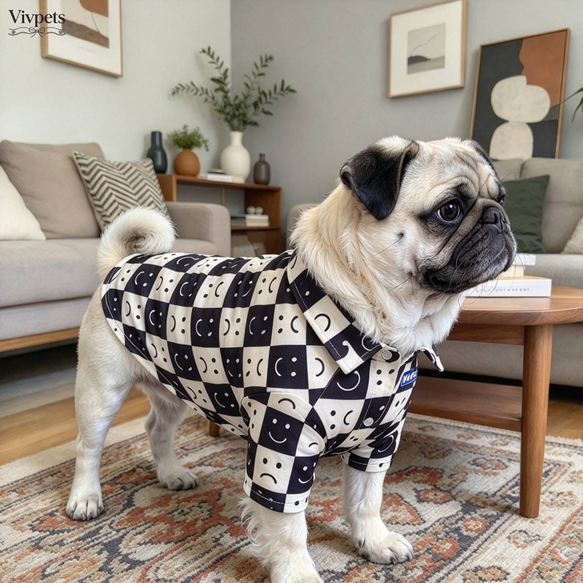 Smiley Face Plaid Pet Shirt – Casual Button-Up Dog Clothing for Everyday Wear