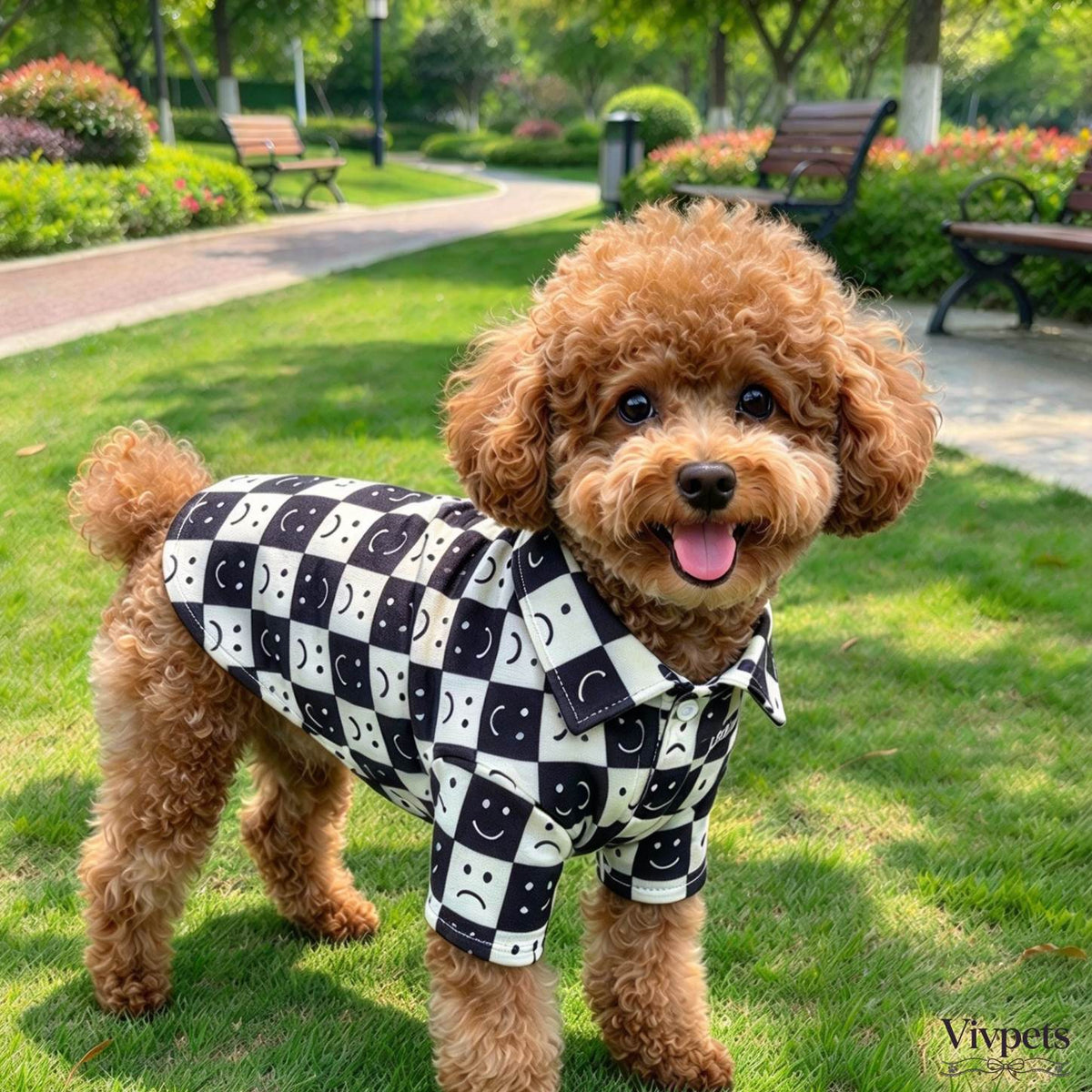 Smiley Face Plaid Pet Shirt – Casual Button-Up Dog Clothing for Everyday Wear