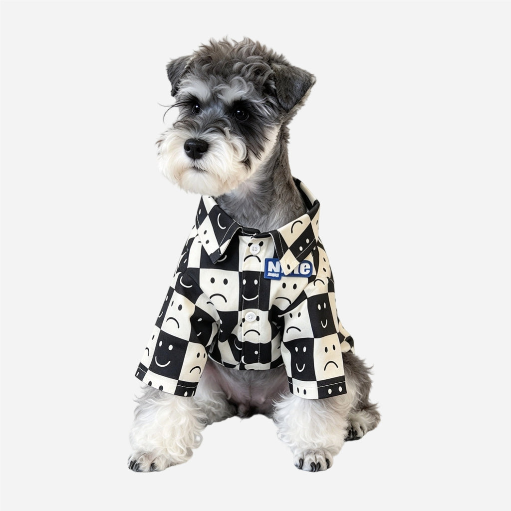 Smiley Face Plaid Pet Shirt – Casual Button-Up Dog Clothing for Everyday Wear