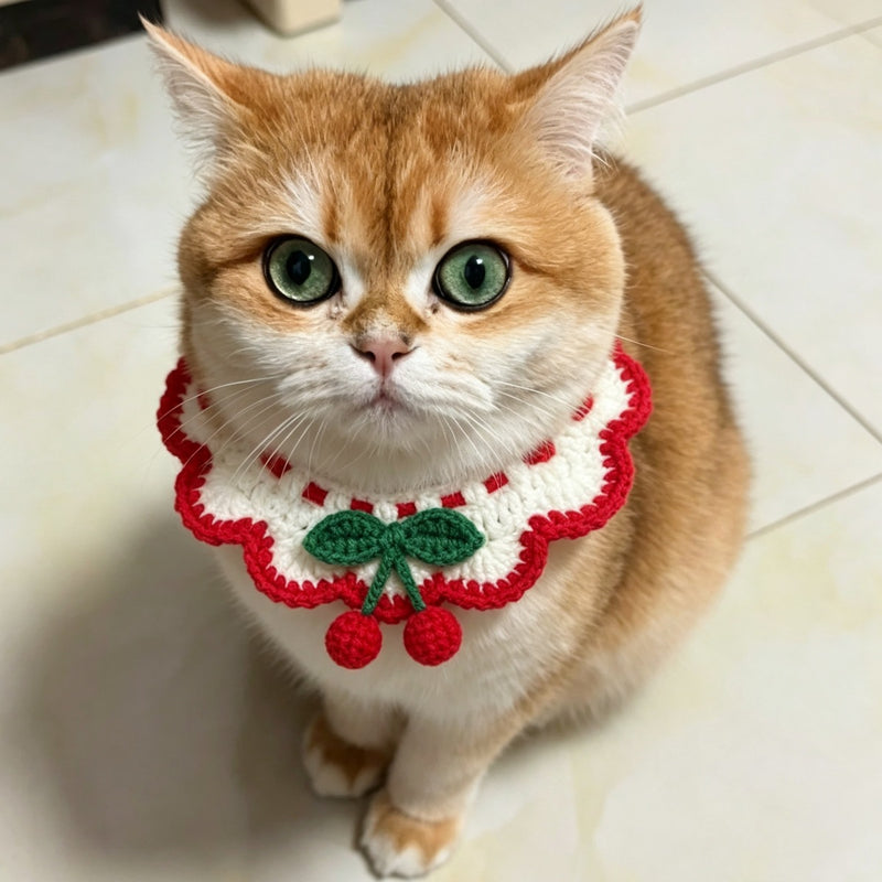 Strawberry and Cherry Knit Pet Bib Collar – Cute Cat & Small Dog Neck Accessory