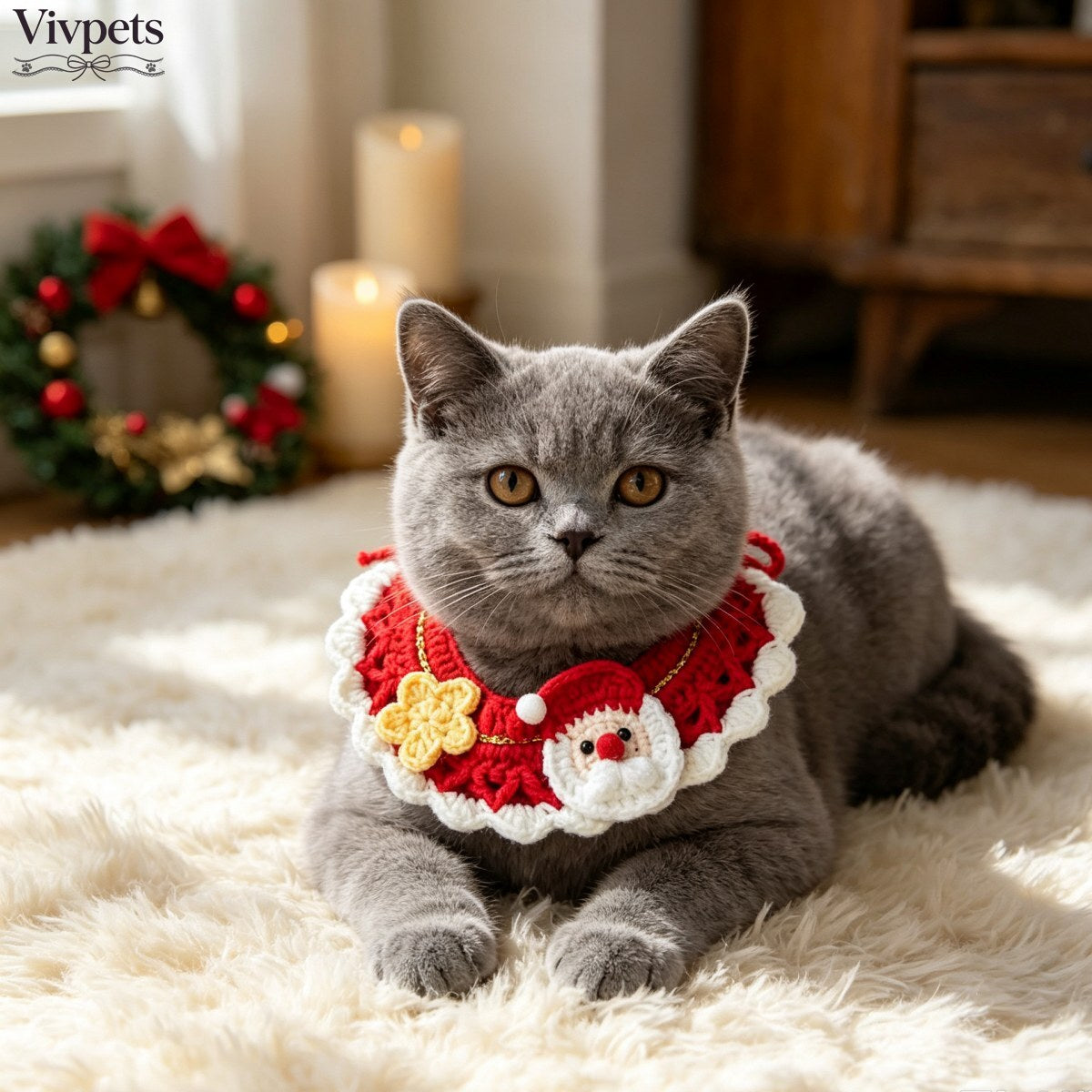 Christmas Santa Crochet Pet Bib – Festive Neck Accessory for Cats & Small Dogs