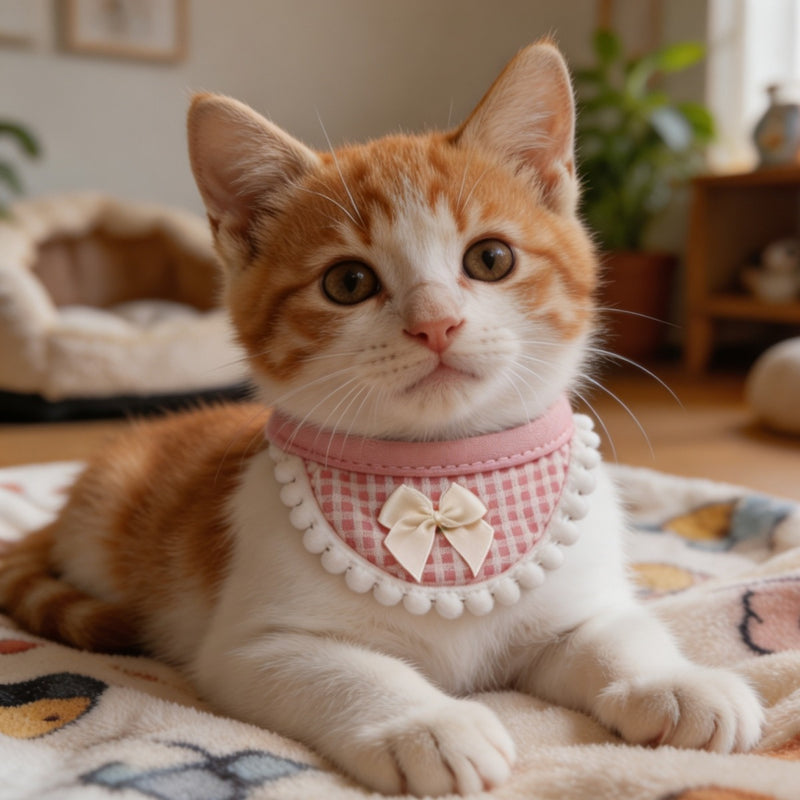 Bow Pom-Pom Pet Bandana Bib – Cute Checkered for Cats, Dogs and Small Pets