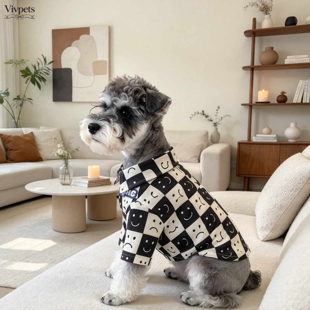 Smiley Face Plaid Pet Shirt – Casual Button-Up Dog Clothing for Everyday Wear