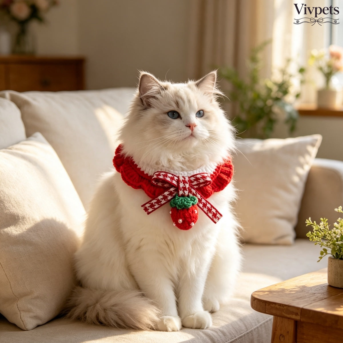 Strawberry and Cherry Knit Pet Bib Collar – Cute Cat & Small Dog Neck Accessory