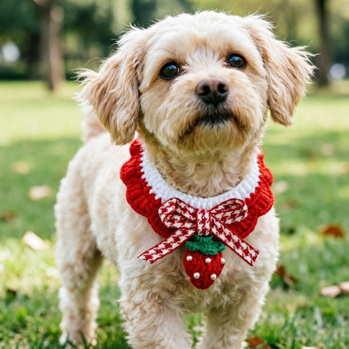 Strawberry and Cherry Knit Pet Bib Collar – Cute Cat & Small Dog Neck Accessory